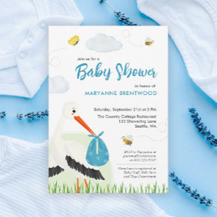 Cute Blue Stork Baby Shower Invitation