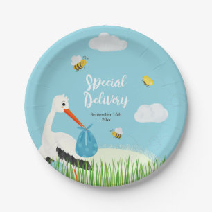 Cute Blue Stork Baby Shower Paper Plate
