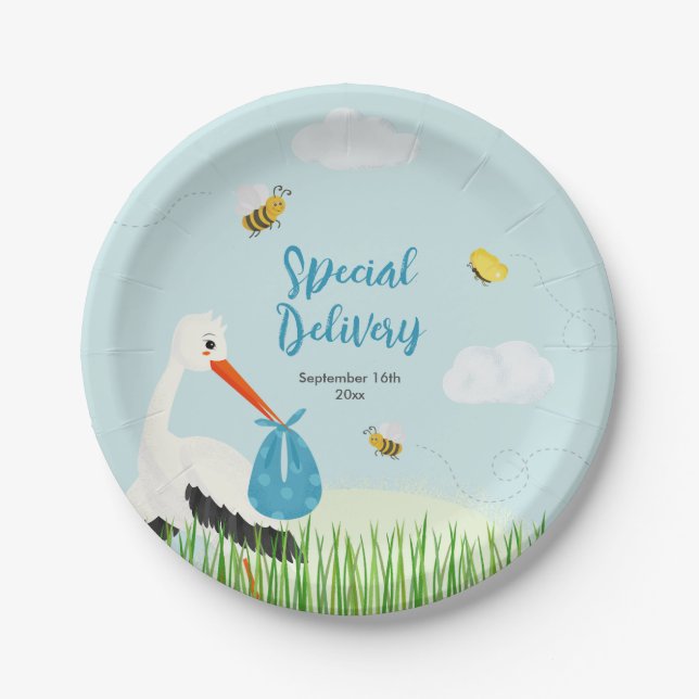 Cute Blue Stork Baby Shower Paper Plate (Front)