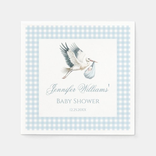 Cute Blue Stork Delivery Baby Boy Shower Napkin (Front)