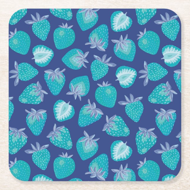 Cute Blue Strawberry Fruit pattern Square Paper Coaster (Front)