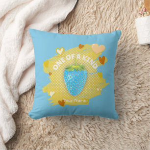 Cute Blue Strawberry Hearts One Of A Kind Yellow Cushion