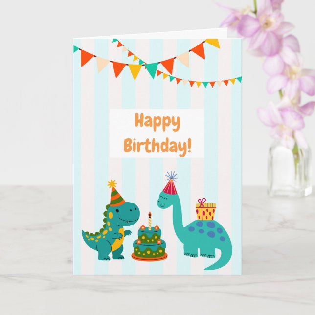 Cute Blue Striped Dinosaur Birthday Card (Orchid)