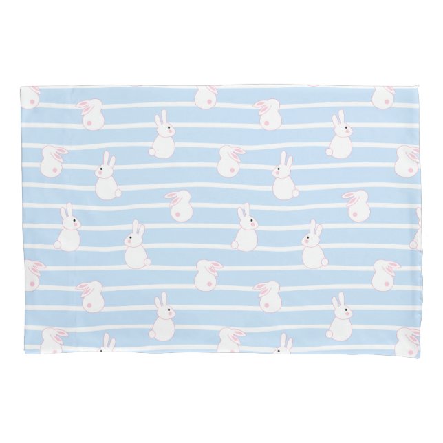 Cute Blue Striped Rabbit Pattern Pillowcase (Front-Left)