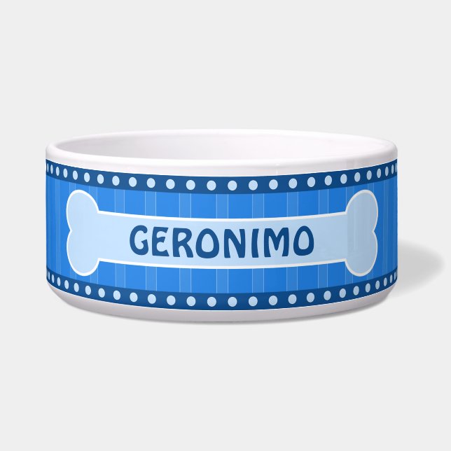 Cute Blue Stripes Bone and Paws Large Dog Bowl (Front)