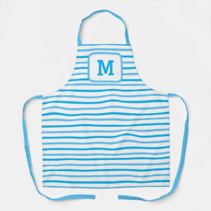 Cute Blue Stripes Custom Single Initial White Apro Apron