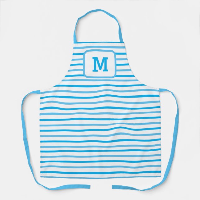 Cute Blue Stripes Custom Single Initial White Apro Apron (Front)