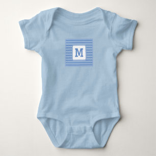 Cute Blue Stripes Custom Single Initial White Baby Bodysuit