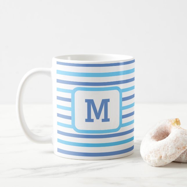 Cute Blue Stripes Custom Single Initial White Coffee Mug (With Donut)