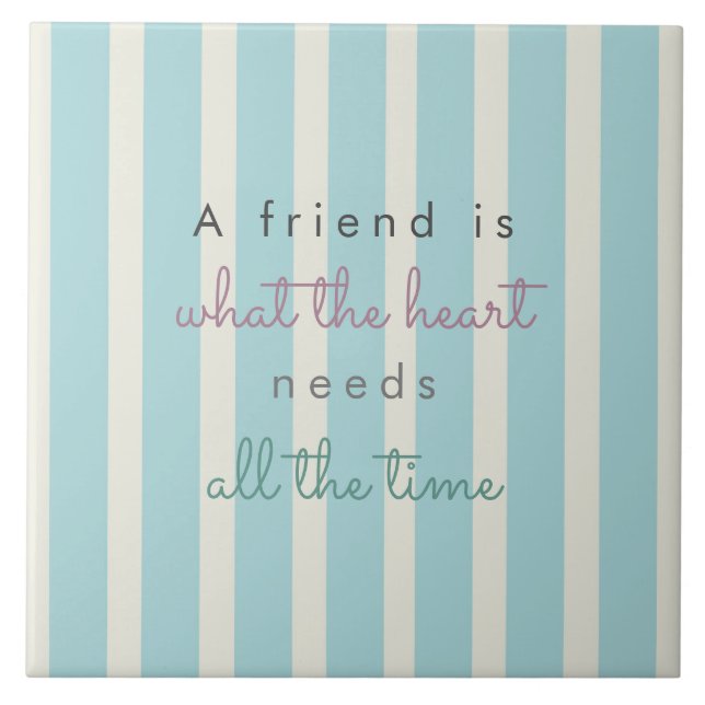 cute blue stripes friendship quote hand lettering tile (Front)