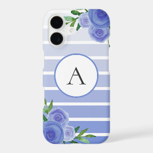 Cute Blue Stripes Ombre Watercolor Floral Monogram