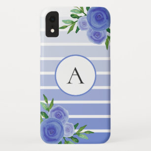 Cute Blue Stripes Ombre Watercolor Floral Monogram iPhone XR Case