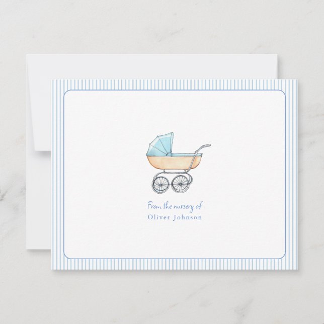 Cute Blue Stroller baby boy nursery Flat Thank You Card (Front)