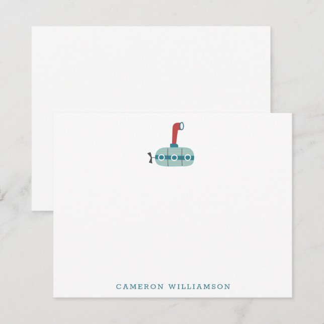 Cute Blue Submarine Boat Personalised Stationery Thank You Card (Front/Back)