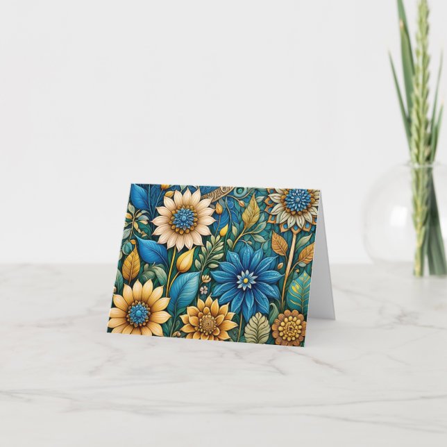Cute Blue Sunflower Abstract Art Blank Note Card (Front)