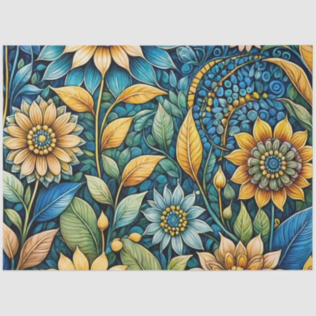 Cute Blue Sunflower Garden Abstract Art Decoupage Tissue Paper (Front)