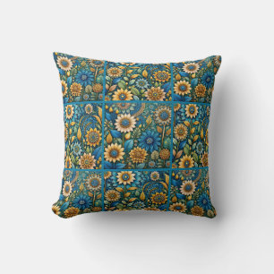Cute Blue Sunflower Garden Quilt Pattern Cushion