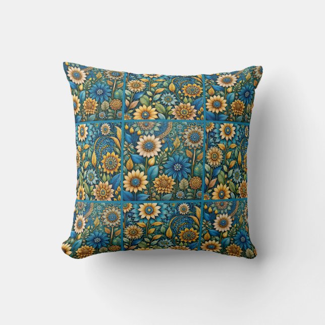Cute Blue Sunflower Garden Quilt Pattern Cushion (Front)