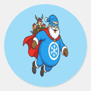 Cute Blue Superhero Santa Claus Christmas Sticker