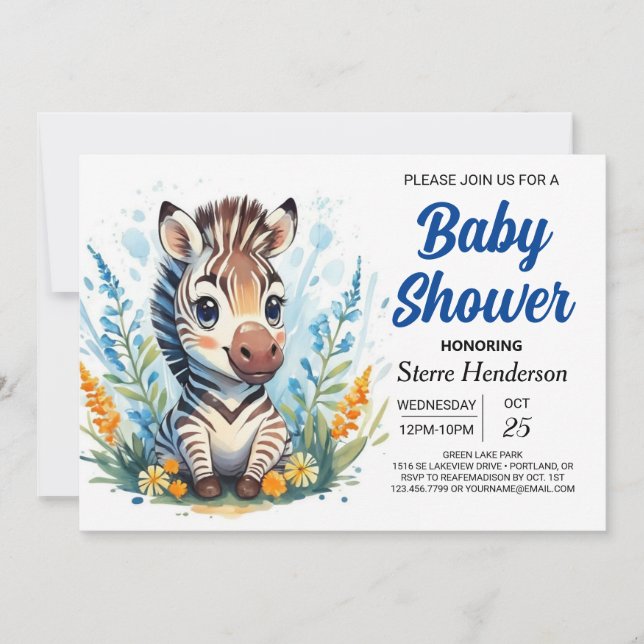 Cute Blue Surprise Zebra Boy Baby Shower Invitation (Front)
