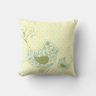 Cute Blue Swirly Mum & Baby Bird Whimsical Damask Cushion