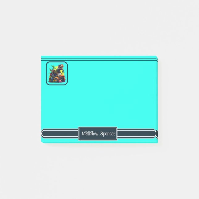 Cute Blue T-Rex Riding Monster Truck Dinosaur Name Post-it Notes (Front)