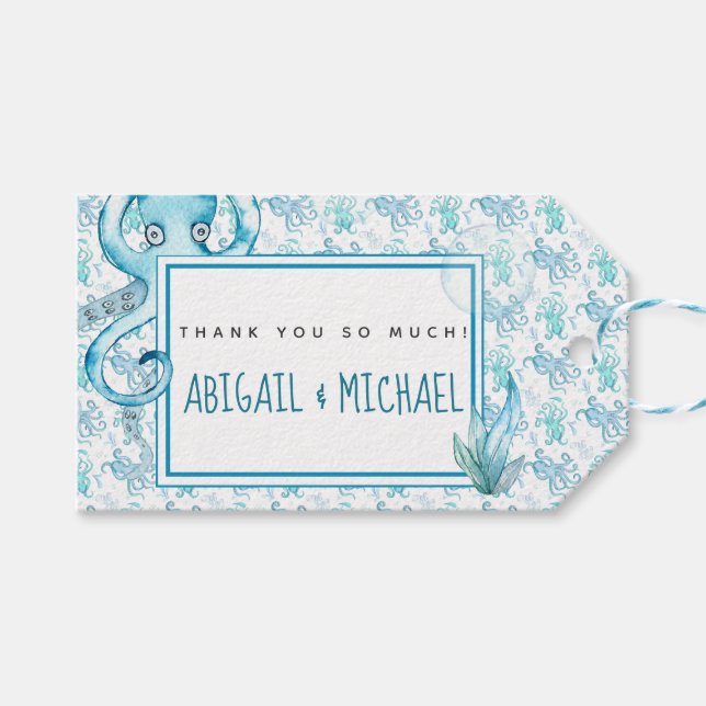 Cute Blue & Teal Octopus Baby Shower Favour Tag (Front (Horizontal))