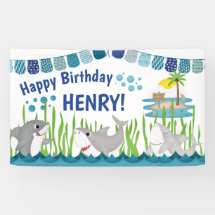 Cute Blue Teal Shark Ocean Kid Birthday Banner