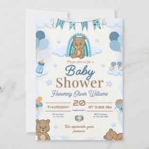 Cute Blue Teddy Baby Shower Editable Design Invitation