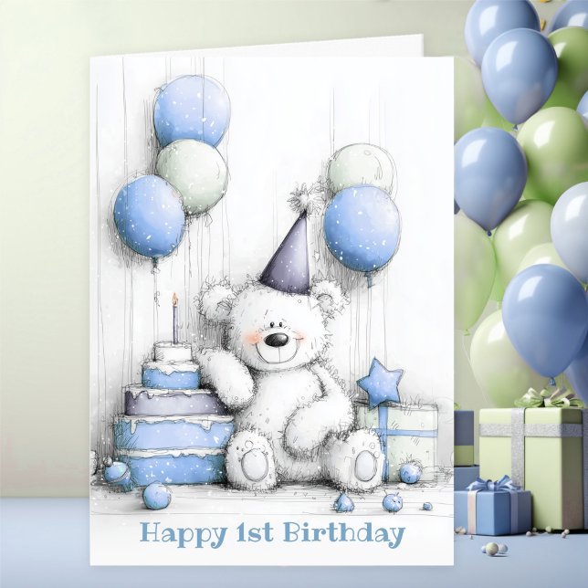 Cute Blue Teddy Bear 1st Birthday Card (Creator Uploaded)