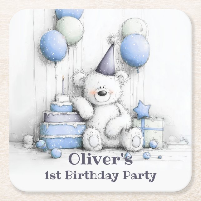 Cute Blue Teddy Bear 1st Birthday Party Coasters (Front)
