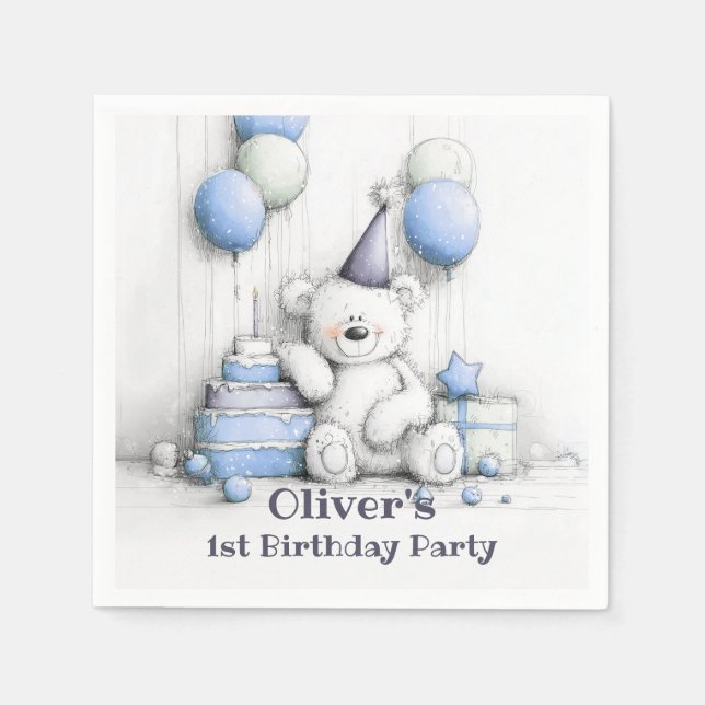 Cute Blue Teddy Bear 1st Birthday Party Napkin (Front)