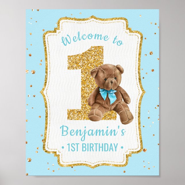 Cute Blue Teddy Bear 1st Birthday Poster (Front)