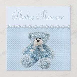 Cute Blue Teddy Bear Baby Boy Shower Invitation