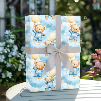 Cute Blue Teddy Bear Baby Boy Shower Wrapping Paper