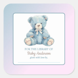 Cute Blue Teddy Bear Baby Shower Bookplate Square Sticker