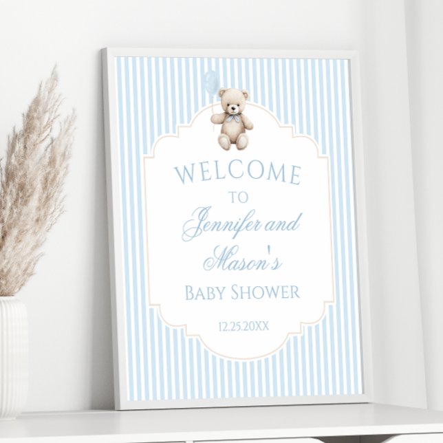 Cute blue teddy bear baby shower welcome sign (Creator Uploaded)
