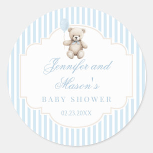 Cute blue teddy bear balloon boho baby boy shower classic round sticker