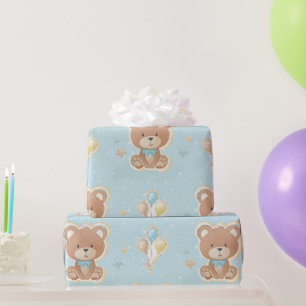 Cute Blue Teddy Bear Balloons Baby Boy Shower Wrapping Paper
