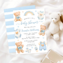 Cute Blue Teddy Bear Boho Baby Boy Shower
