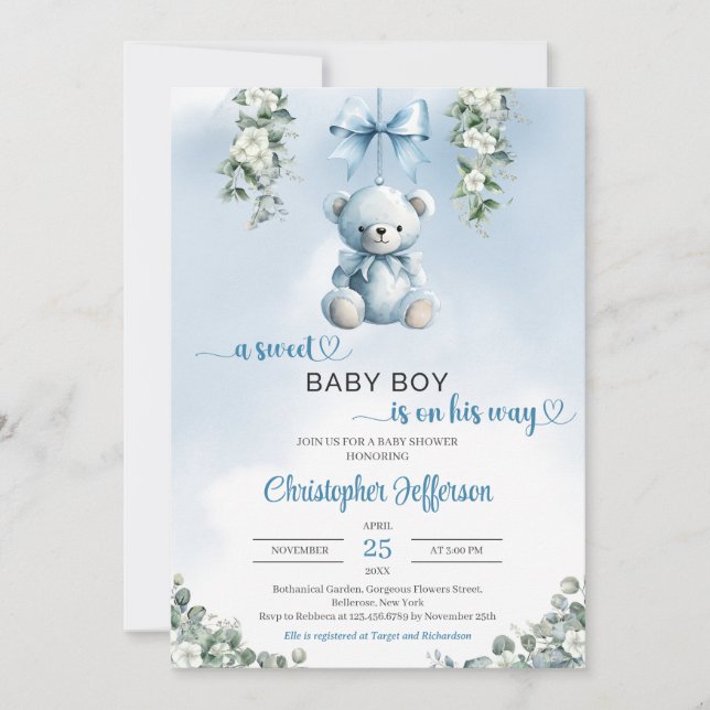 Cute blue teddy bear eucalyptus boy Baby Shower Invitation (Front)