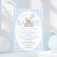 Cute Blue Teddy Bear Gingham Bow Baby Boy Shower