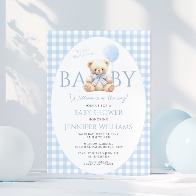 Cute Blue Teddy Bear Gingham Bow Baby Boy Shower Invitation (Creator Uploaded)