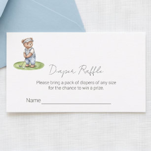 Cute Blue Teddy Bear Golfing Diaper Raffle Ticket Enclosure Card