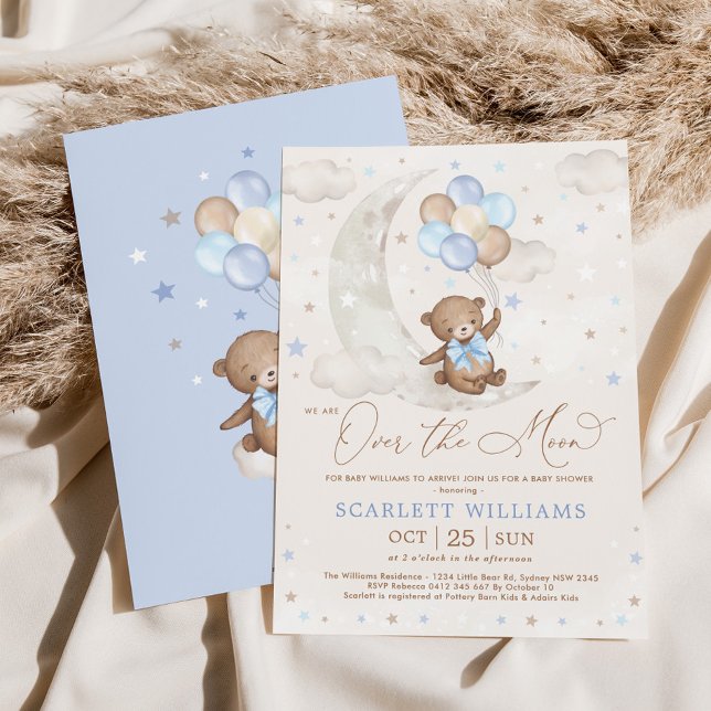 Cute Blue Teddy Bear Moon Balloons Boy Baby Shower Invitation (Creator Uploaded)