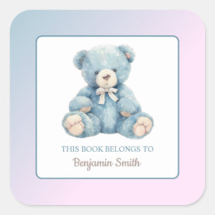 Cute Blue Teddy Bear Name Bookplate  Square Sticker