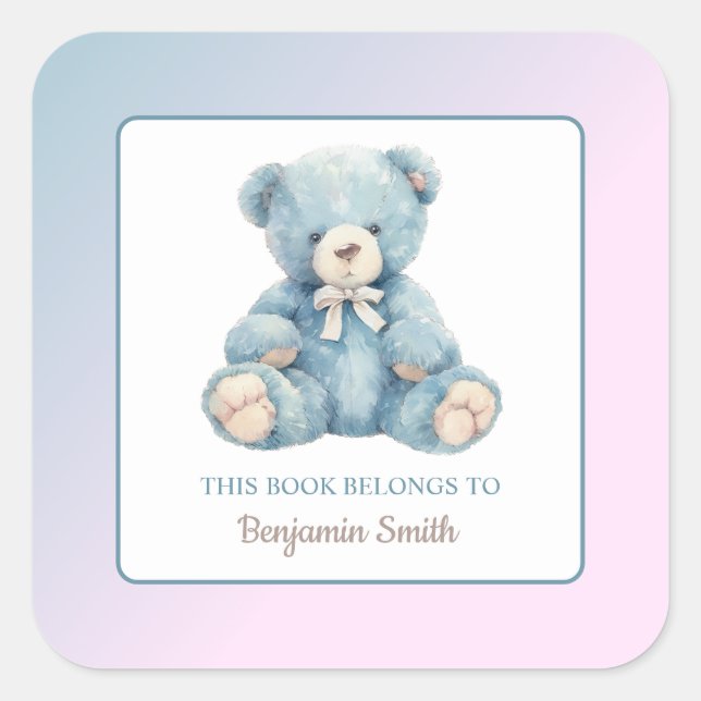 Cute Blue Teddy Bear Name Bookplate  Square Sticker (Front)