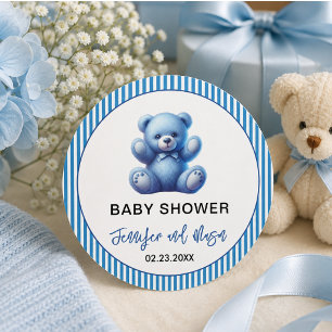 Cute Blue Teddy Bear Vintage Baby Boy Shower Classic Round Sticker