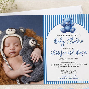 Cute Blue Teddy Bear Vintage Baby Boy Shower Invitation