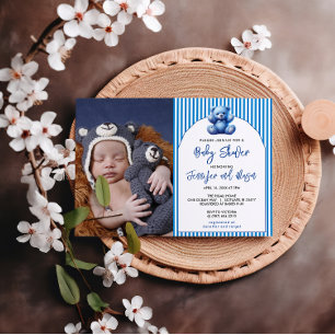 Cute Blue Teddy Bear Vintage Baby Boy Shower Invitation